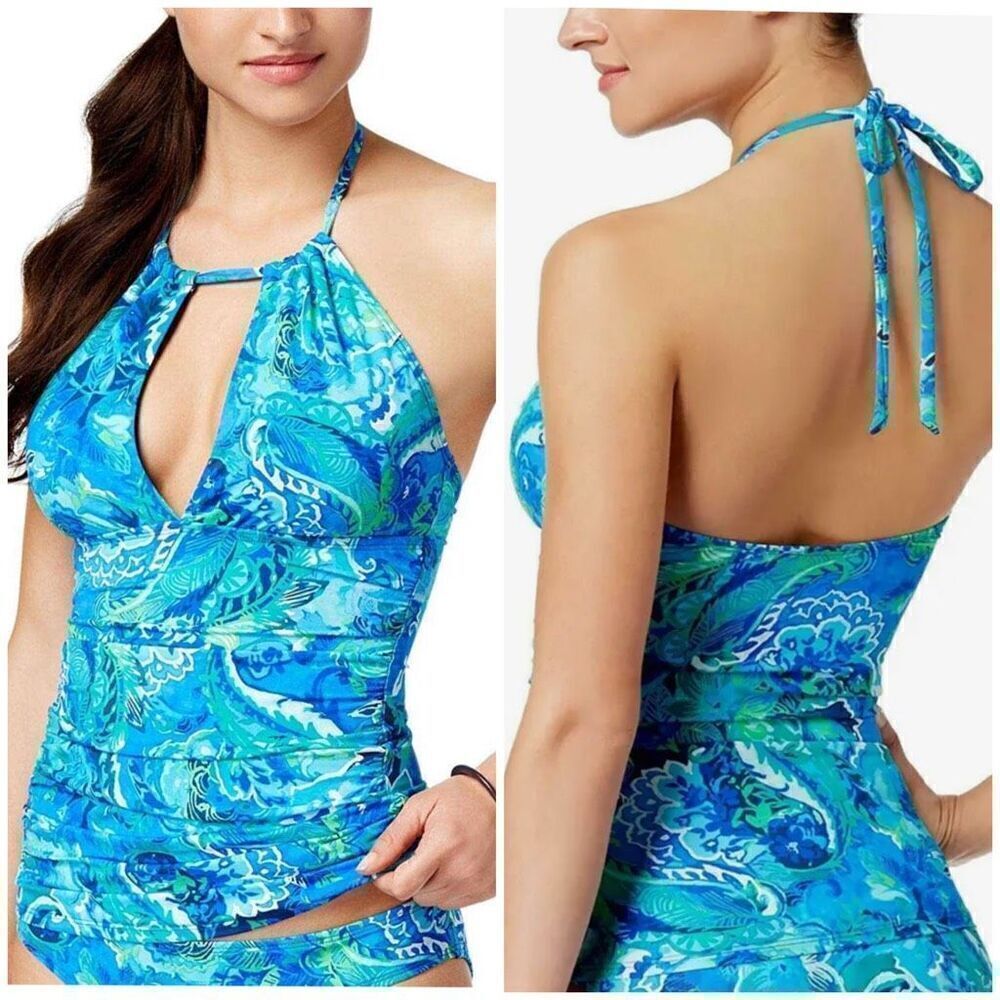 Lauren Ralph Lauren Blue Floral Keyhole Halter Open Back Tankini Swim Top Size 4